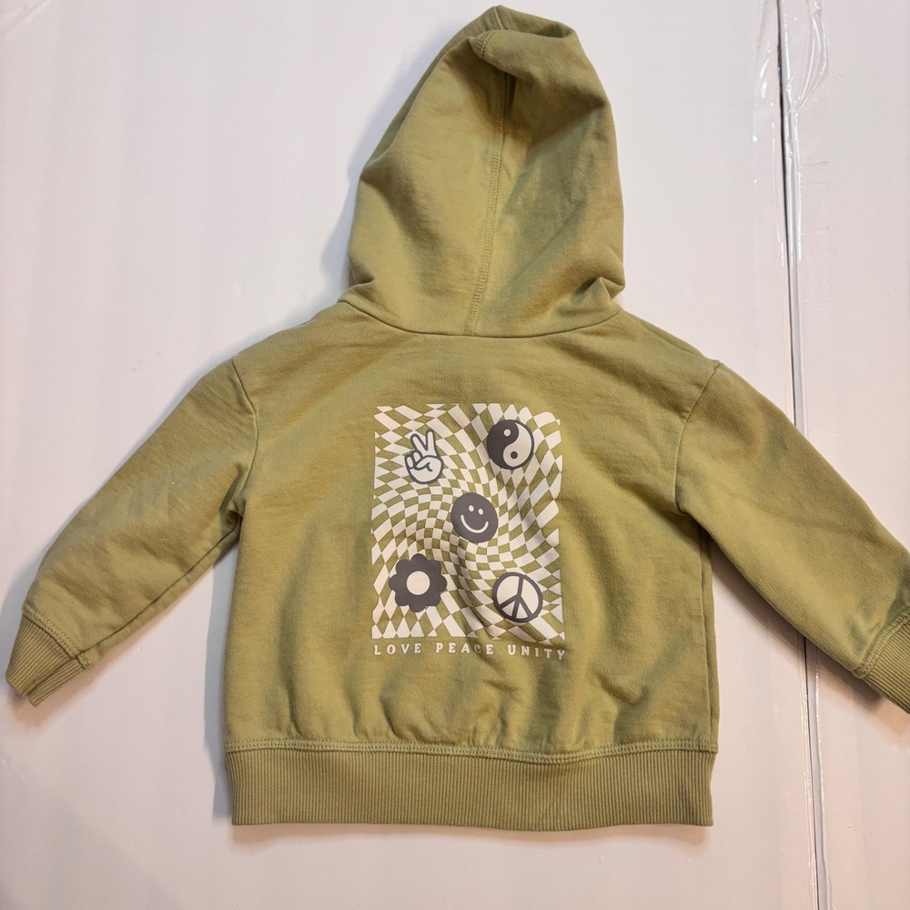 Kids Olive Green Hoodie with Graphic Back - LOVE PEACE UNITY